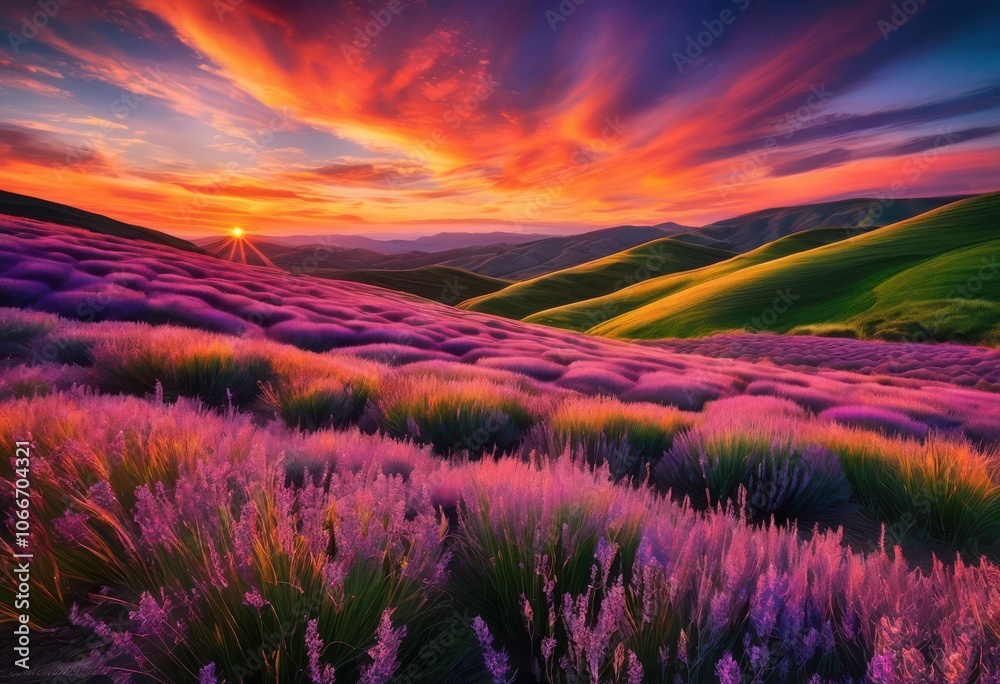captivating vibrant sunset illuminating lush rolling hills under vast sky, landscape, nature, color, light, evening, scene, field, clouds, beauty, orange captivating vibrant sunset illuminating lush rolling hills under vast sky, landscape, nature, color, light, evening, scene, field, clouds, beauty, orange