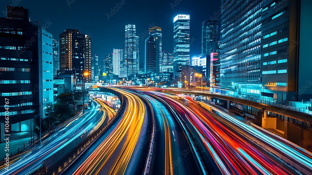 Obraz premium Cityscape with Light Trails from Traffic on a Highway at Night