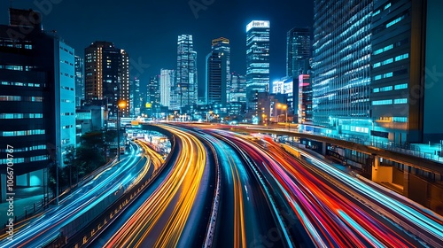 Cityscape with Light Trails from Traffic on a Highway at Night