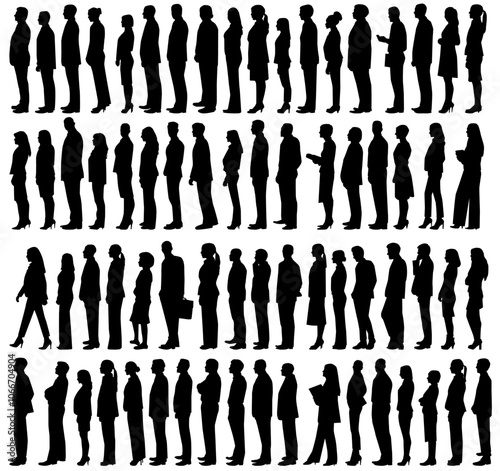 Silhouette view of diverse businessmen and businesswomen people with different body types standing in line. Business people in queue