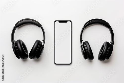 Black Headphones and Smartphone on White Background photo