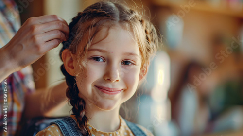 Happy little girl getting her hair braided photo