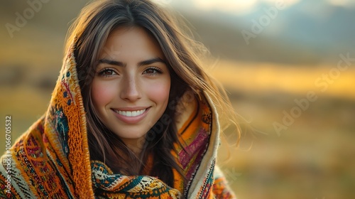 Portrait of a woman in a vibrant Andean poncho, face lit with soft golden light and eyes reflecting joy. Background with blurred mountains and fields, intricate fabric details, artistic composition,