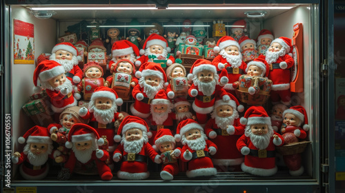 A display case filled with lots of santa claus figurines in a store photo