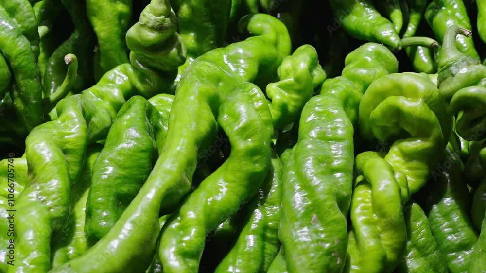 fresh Crooked and curved long green peppers in the market. fresh Crooked and curved long green peppers in the market.