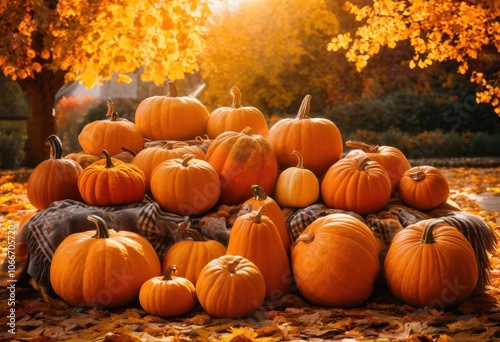 vibrant pumpkins surrounded colorful leaves displayed soft focus background autumn aesthetic, foliage, harvest, nature, garden, orange, seasonal, decorative