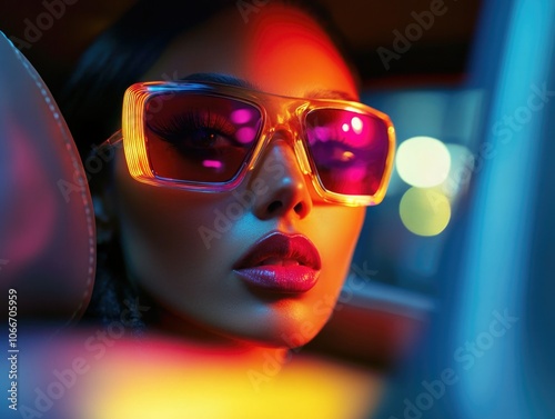 Vivid Visions: Future-Fashioned Female in Sunglasses with LED Lighting photo