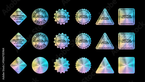 Premium Holographic Sticker and Label Set in Various Shapes: Square, Diamond, Triangle, Flower, and Circle. Vector Illustrations for Design Mockups