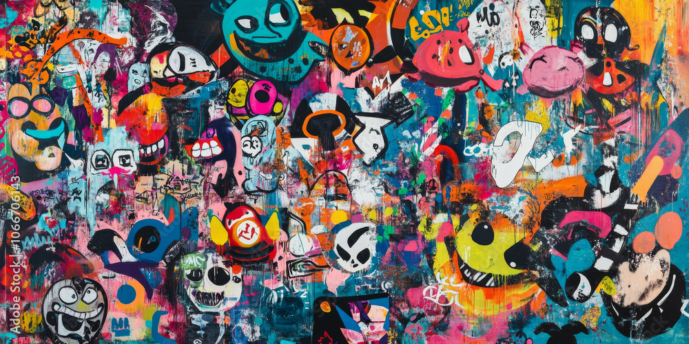 Colorful graffiti wall background featuring various street art styles, perfect for a youthful and edgy vibe Colorful graffiti wall background featuring various street art styles, perfect for a youthful and edgy vibe
