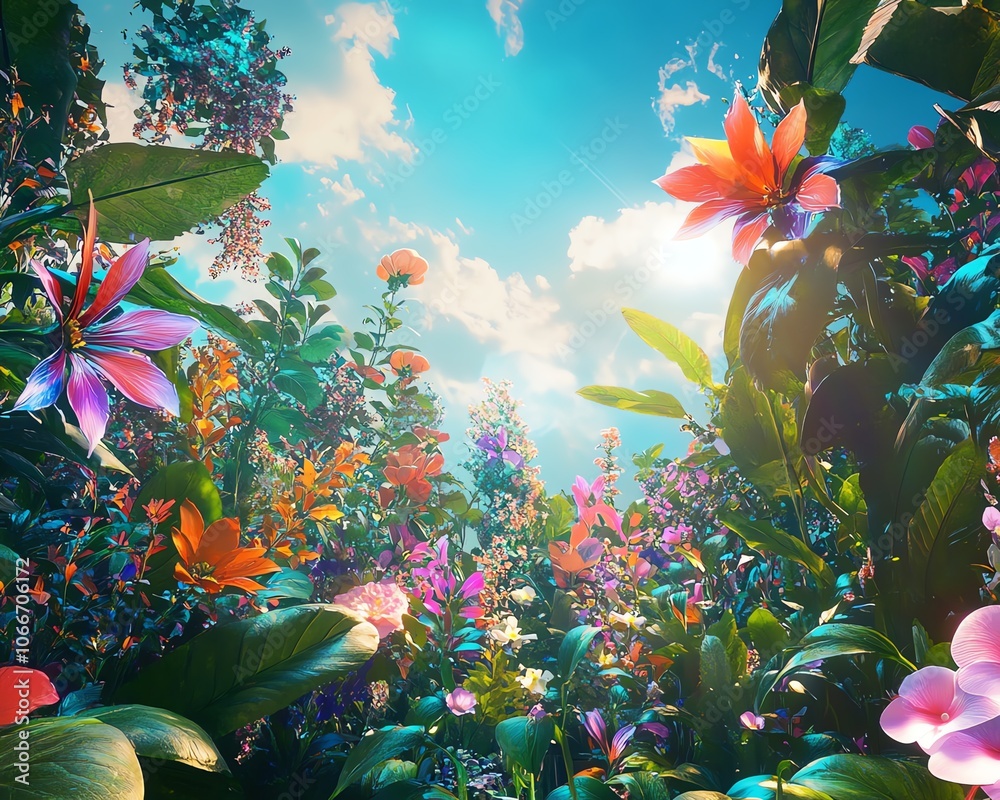 Worms-eye view of a vibrant fantasy garden, oversized flowers in delicate detail, sunlight filtering through leaves, magical ambience Worms-eye view of a vibrant fantasy garden, oversized flowers in delicate detail, sunlight filtering through leaves, magical ambience