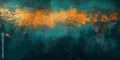 Vintage grunge texture art featuring dark teal shades and a warm orange light fading through scratches and worn details, creating an old-timey, nostalgic feel photo