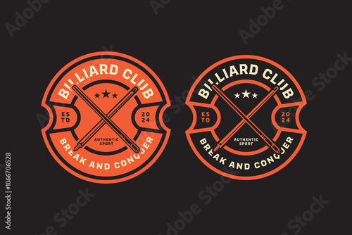 billiard cue crossed, pool cue crossed retro badge logo design for billiard sport club. snooker cue crossed, billiard stick crossed vintage emblem logo collection for billiard snooker pool tournament