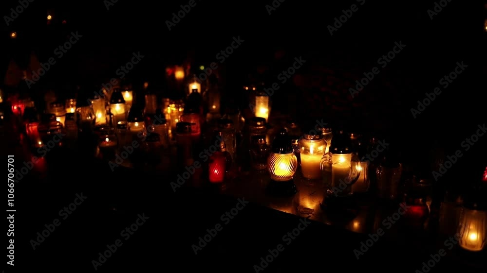 Memorial Day with candles. Commemorative candles are lit. Candle flames burn in the cemetery.