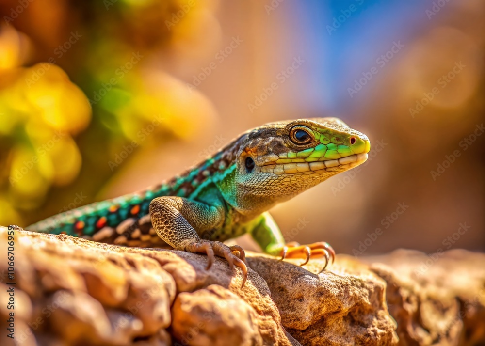 Fototapeta premium Sand Lizard on a Wall in Israel - Tilt-Shift Photography Capturing Nature's Beauty, Wildlife, and Unique Habitat in a Miniature Perspective