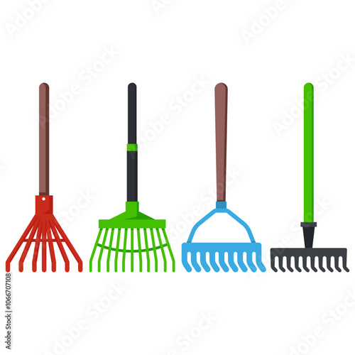 Rakes vector cartoon set isolated on a white background.