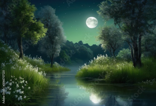 mesmerizing moonlit landscape soft reflection tranquil water surrounded serene nature elements, night, trees, sky, clouds, stars, glow, light, beach