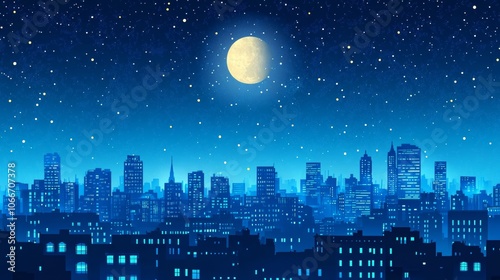 Panorama of the night city. Vector flat illustration of a night city. Night in the city.