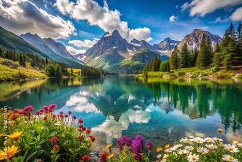 Scenic Mountain Lake on a Sunny Day - Breathtaking Architectural Photography of Nature's Beauty, Serene Waters, Majestic Peaks, and Vibrant Blue Skies Perfect for Travel, Landscape, and Nature Lovers