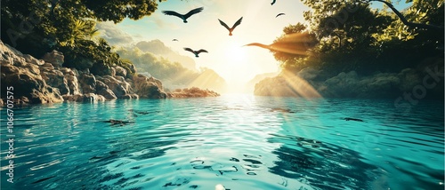 Birds soar above ripple in a tropical setting with crystal-clear turquoise waters, their reflections visible as they glide through the warm sunlight, bringing out the vividness of the scene.
