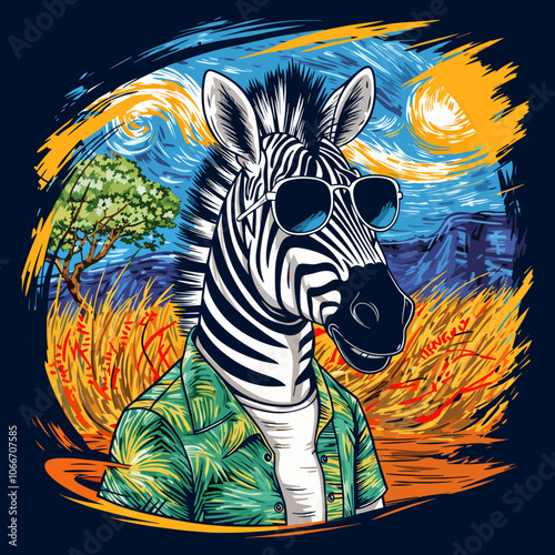 Cool Zebra in Sunglasses and Tropical Shirt Against Artistic Savannah Background - T-Shirt Print Design