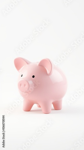 A pink piggy bank sits on a white surface