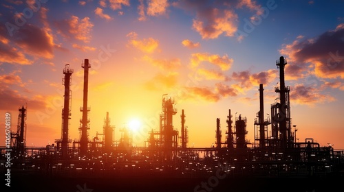 Oil refinery silhouette at sunset