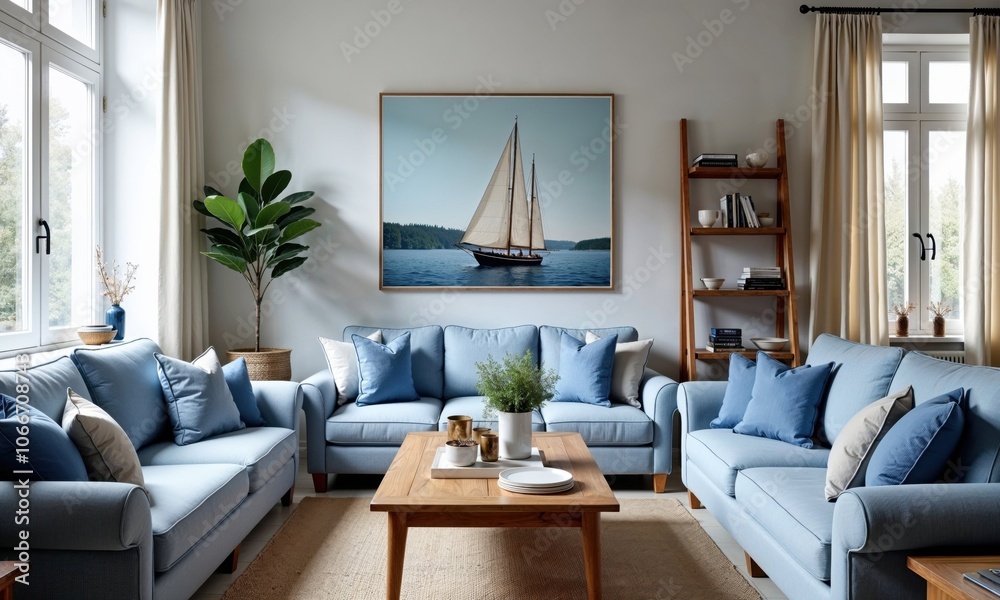 Coastal-style living room with light blue sofas, sailing ship artwork, natural light from large windows, featuring wooden furniture and a harmonious blue and white color scheme Coastal-style living room with light blue sofas, sailing ship artwork, natural light from large windows, featuring wooden furniture and a harmonious blue and white color scheme