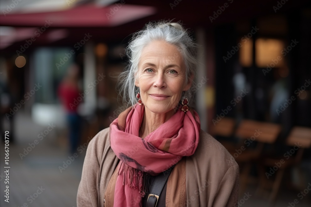 Portrait of a beautiful senior woman in scarf in the city. Portrait of a beautiful senior woman in scarf in the city.