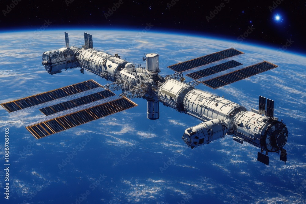 Space Station: A massive space station orbiting a distant planet, with sleek solar panels and docking bays Space Station: A massive space station orbiting a distant planet, with sleek solar panels and docking bays