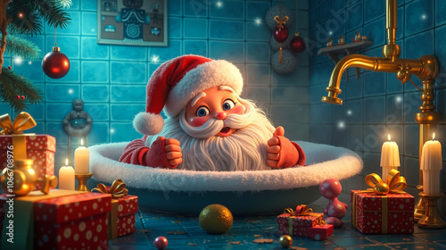 A santa claus sitting in a bathtub surrounded by presents
