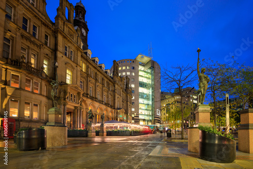 Beautiful architecture of city center in Leeds at night, United Kingdom.