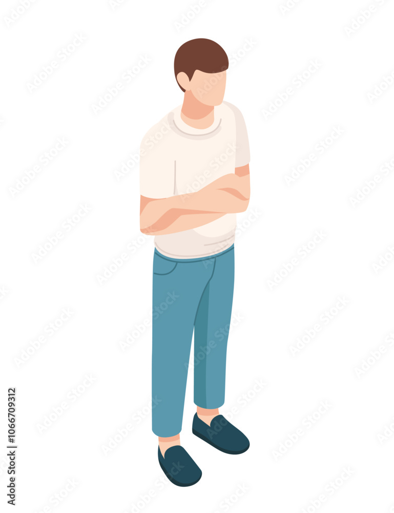 Isometric man standing casually with his arms crossed, symbolizing a relaxed or informal stance. Ideal for representing casual workplace interactions or personality visuals. Vector illustration Isometric man standing casually with his arms crossed, symbolizing a relaxed or informal stance. Ideal for representing casual workplace interactions or personality visuals. Vector illustration