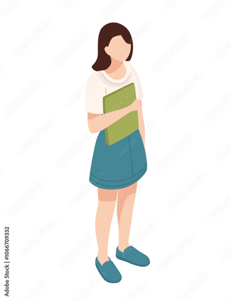 Isometric woman standing and holding a book or folder, symbolizing learning, preparation, or casual work. Suitable for education, organization, and workplace themes. Vector illustration Isometric woman standing and holding a book or folder, symbolizing learning, preparation, or casual work. Suitable for education, organization, and workplace themes. Vector illustration