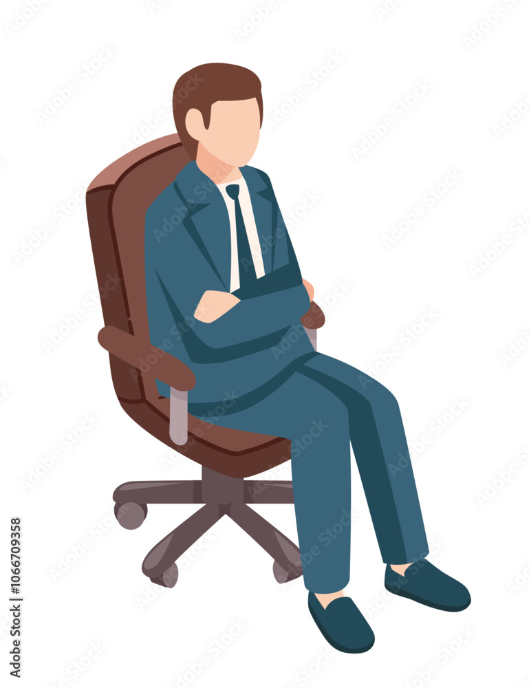 Isometric man seated in an office chair with arms crossed, suggesting confidence or attentiveness. Great for business meetings, decision-making, and authority visuals. Vector illustration Isometric man seated in an office chair with arms crossed, suggesting confidence or attentiveness. Great for business meetings, decision-making, and authority visuals. Vector illustration