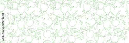 Fresh line art apple print banner, vintage vector repeat pattern with fruits, elegant background design