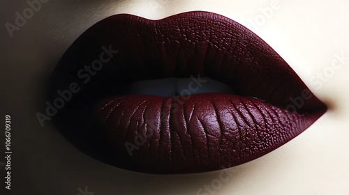 Artistic close-up of lips with deep burgundy matte lipstick, velvety texture highlighted by subtle, diffused lighting for a bold and sophisticated effect, capturing smooth details, high-quality,