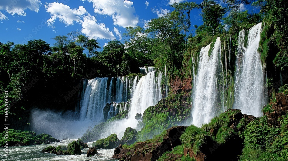 A breathtaking view of a cascading waterfall surrounded by lush greenery. A breathtaking view of a cascading waterfall surrounded by lush greenery.