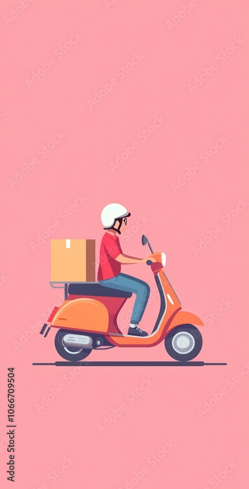 Cartoon delivery person riding a scooter on a vibrant background with a parcel box for a home delivery service Cartoon delivery person riding a scooter on a vibrant background with a parcel box for a home delivery service