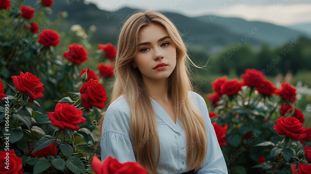 Naklejka premium girl with red poppies
