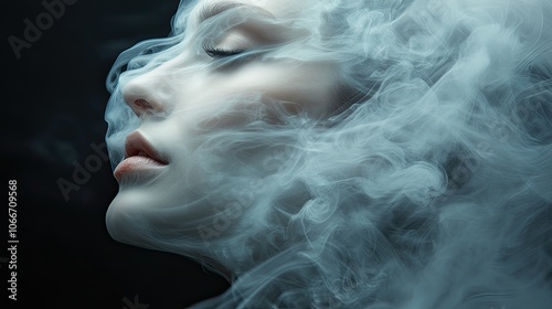 A woman's face is obscured by swirling smoke, creating a mysterious and ethereal portrait.