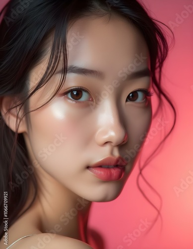 Asian woman with a beautiful face and Perfect clean fresh skin Cute female model with natural makeup and sparkling eyes