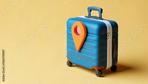 A colorful suitcase with a map pin design on its front, set against a vibrant yellow background, representing travel and adventure.