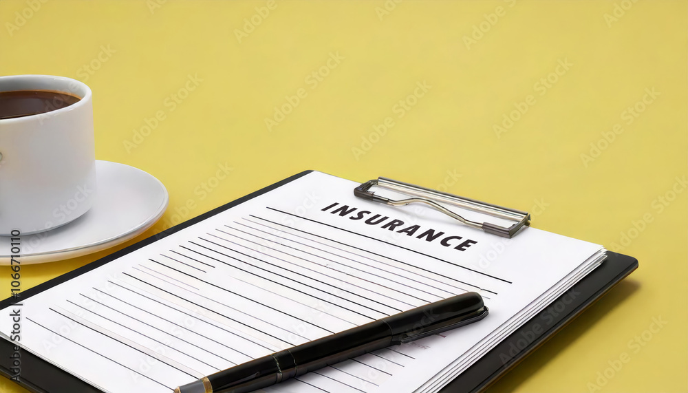 A clipboard with an insurance document rests on a yellow surface next to a cup of coffee, symbolizing paperwork and organization. A clipboard with an insurance document rests on a yellow surface next to a cup of coffee, symbolizing paperwork and organization.