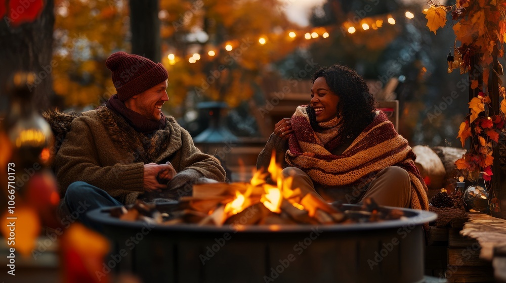 A couple snuggled under blankets by a fire pit, laughing together as they stay warm by the flames, surrounded by autumn foliage and cozy decorations. A couple snuggled under blankets by a fire pit, laughing together as they stay warm by the flames, surrounded by autumn foliage and cozy decorations.