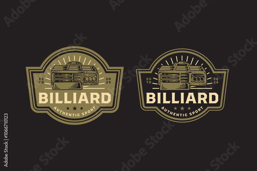 billiard bag, balls, cue, stick retro badge logo design for billiard sport club. snooker pool case with ball and cue vintage emblem logo collection for billiard snooker pool tournament