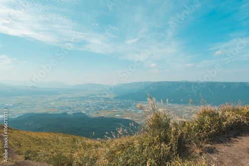 Green lanscape with mountain Aso background, view at the top of mountain from Daikanbō Mount Aso, Aso, Kumamoto, Kyushu, Japan, vintage style