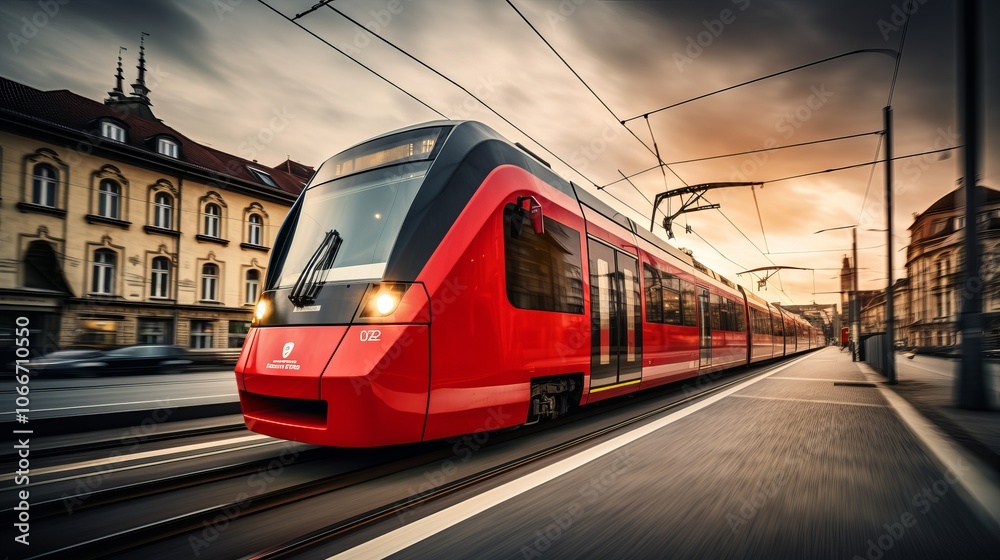Fototapeta premium A modern red train in motion near a historic city street during sunset