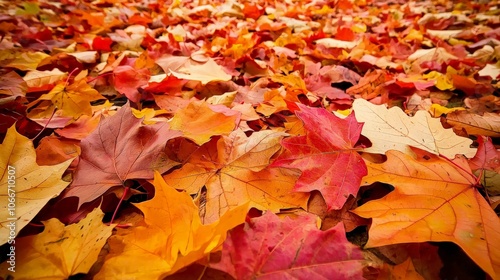 A close-up of colorful fallen maple leaves on the ground.