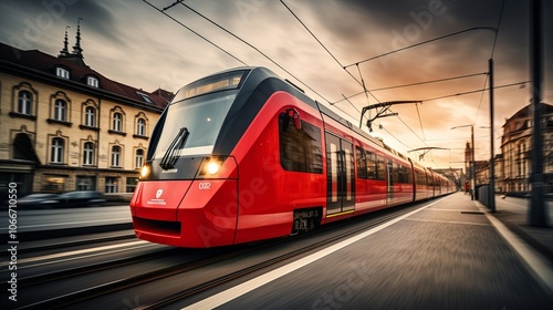 A modern red train in motion near a historic city street during sunset