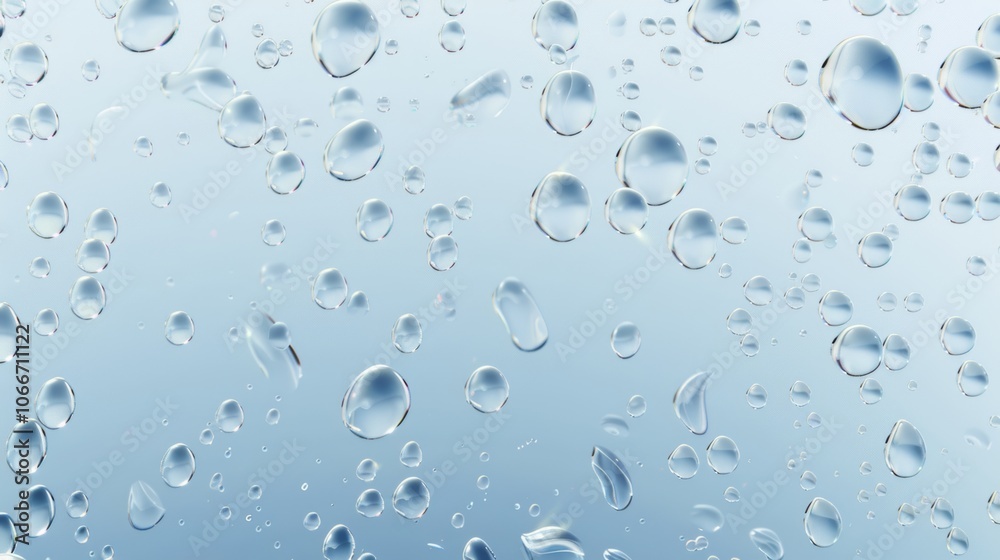 Captivating abstract background showcasing water droplets in various sizes against a soft blue gradient, emphasizing clarity and fluidity in a fresh and clean design